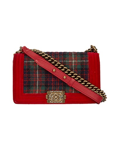 Chanel Medium Tartan Boy Bag 18371436, &pound;1,500, Handbags, Green/Red, Fabric/Leather/Velvet, Front view